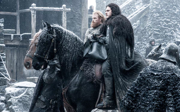 HD desktop wallpaper from Game of Thrones featuring Kristofer Hivju as Tormund Giantsbane and Kit Harington as Jon Snow in a snowy, medieval setting.