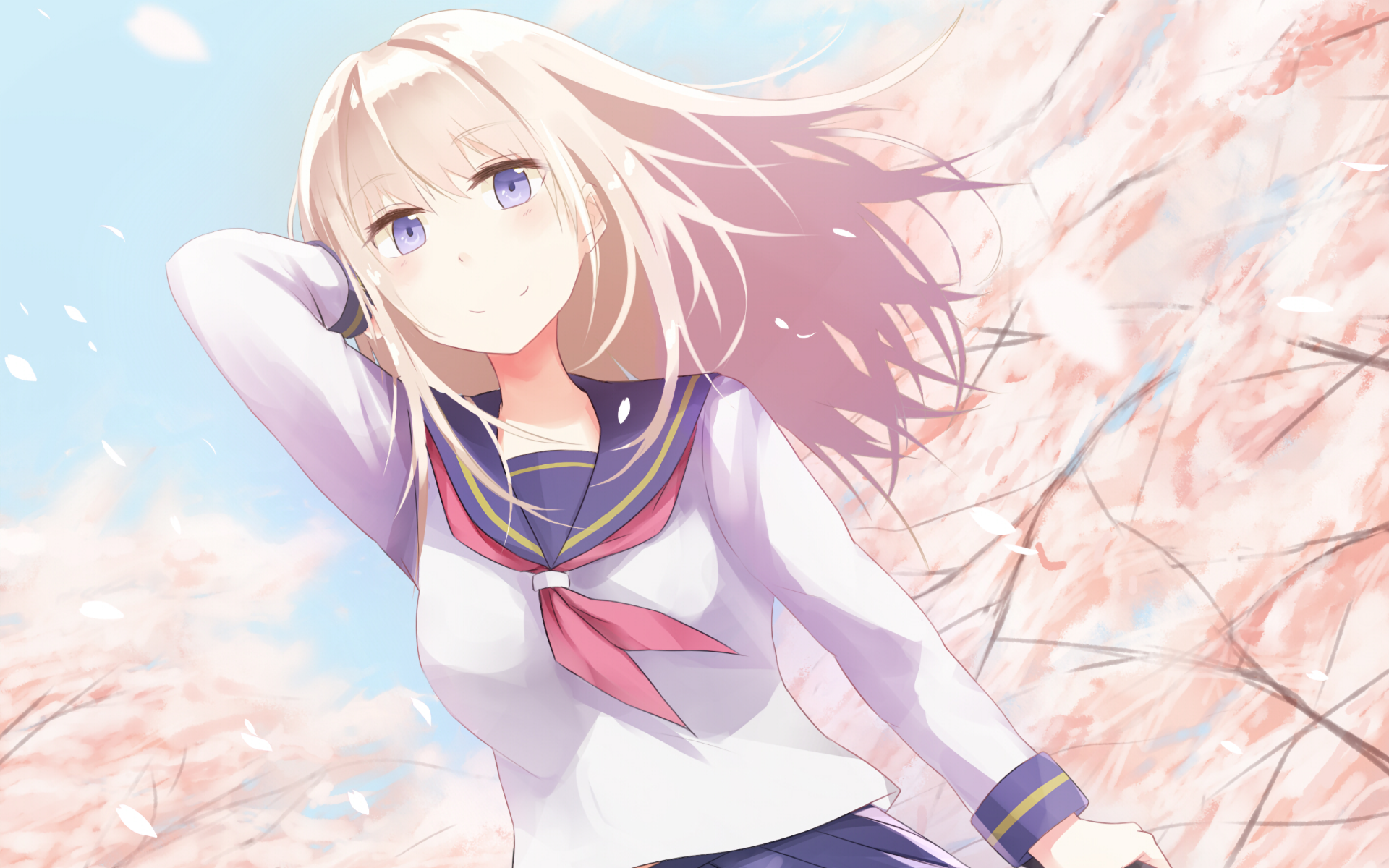A serene anime girl with flowing blonde hair stands among cherry blossoms, dressed in a school uniform, set against a bright blue sky. HD PC desktop wallpaper and background.