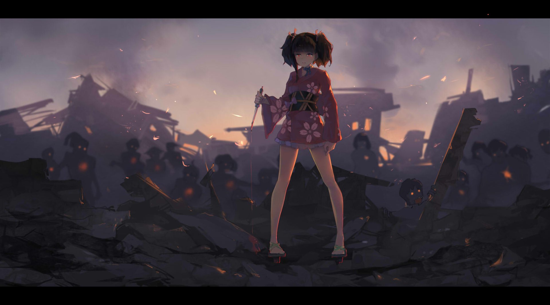 HD PC desktop wallpaper featuring Mumei from the anime Kabaneri of the Iron Fortress standing amidst a burning, war-torn landscape at dusk.