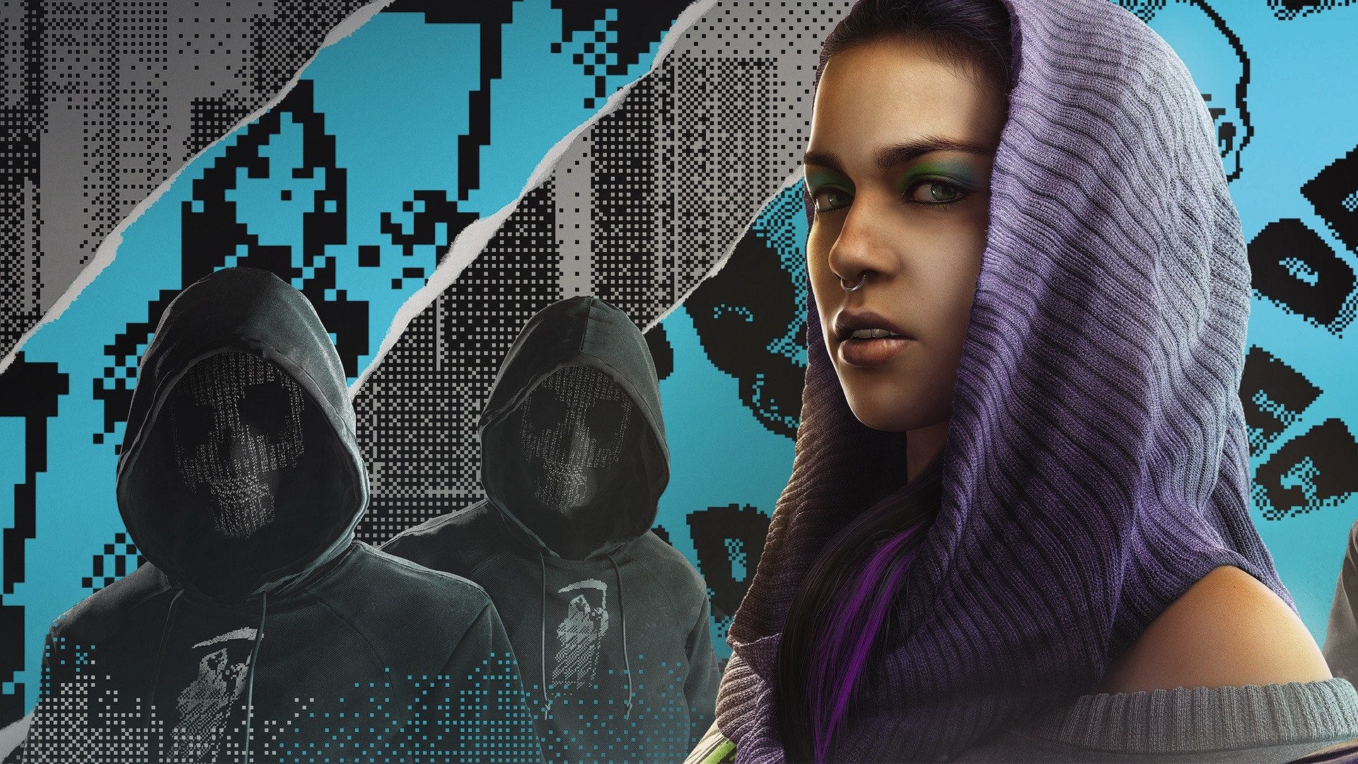 HD wallpaper featuring Sitara Dhawan from the video game Watch Dogs 2, showcasing a striking design with a vibrant color scheme and mysterious hooded figures in the background.