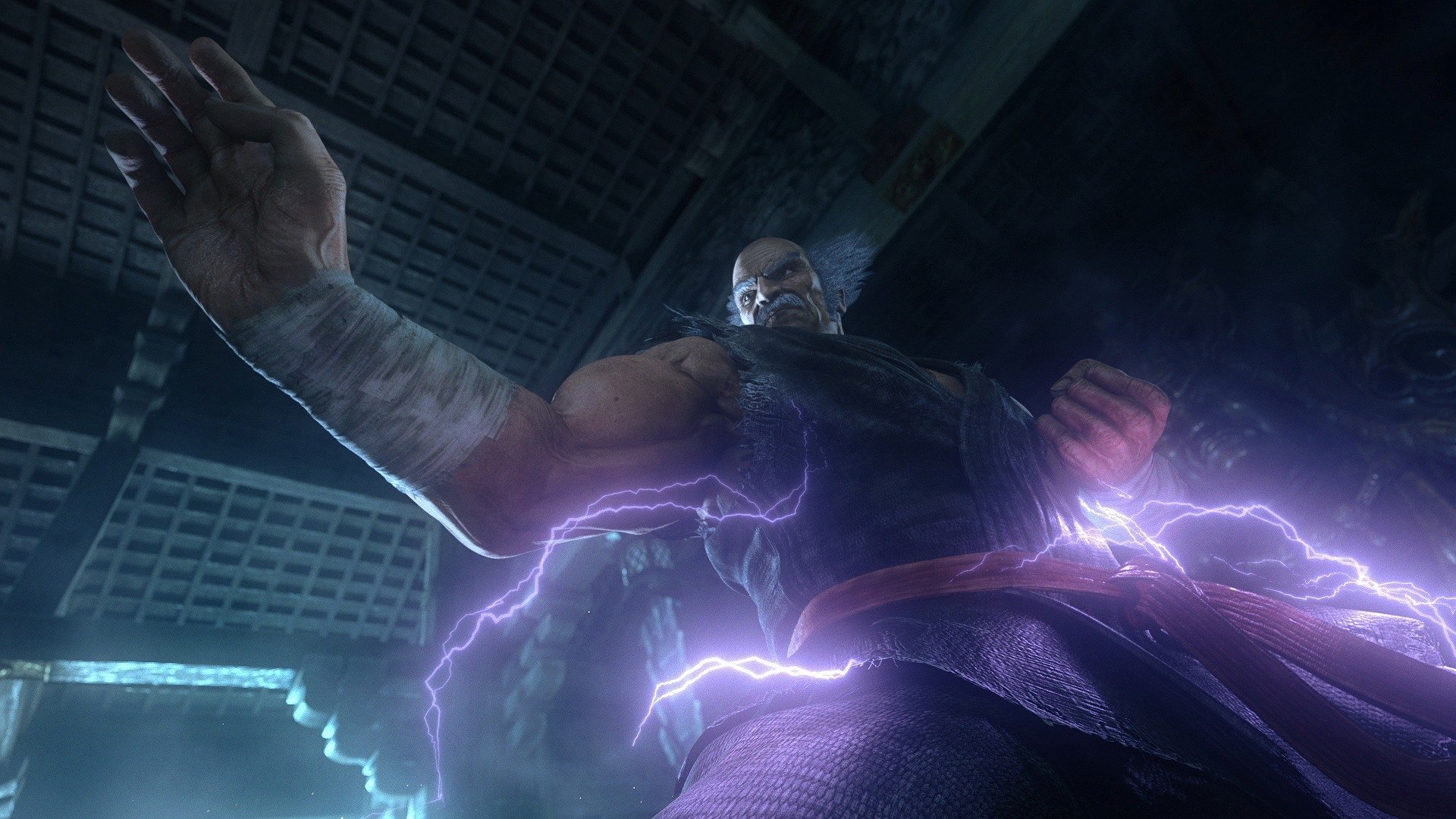 Heihachi Mishima from Tekken 7 unleashing crackling purple lightning in a dramatic low-angle shot, HD PC desktop wallpaper and background, video game character.