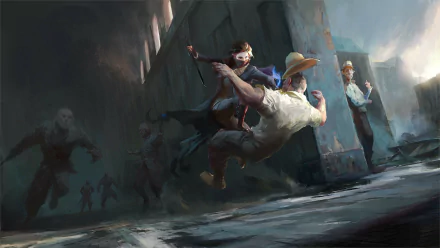 Emily Kaldwin from Dishonored 2 engages in a dramatic combat scene, showcasing dynamic action and immersive graphics typical of HD PC desktop wallpapers.