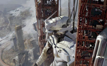 A futuristic robot stands amidst towering structures, surrounded by a dramatic sci-fi landscape. This HD image offers a striking desktop wallpaper and background.