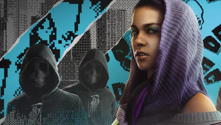 HD wallpaper featuring Sitara Dhawan from the video game Watch Dogs 2, showcasing a striking design with a vibrant color scheme and mysterious hooded figures in the background.