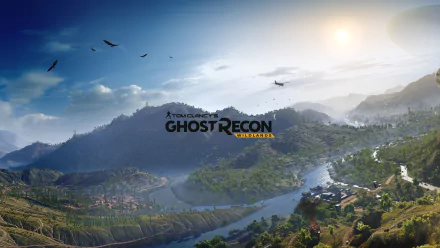 A stunning HD desktop wallpaper from Tom Clancy’s Ghost Recon Wildlands, featuring lush mountains, a winding river, and a bright sky, capturing the essence of the game’s expansive world.
