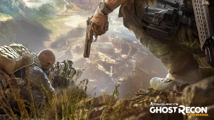 A dynamic scene from Tom Clancy’s Ghost Recon Wildlands, showcasing a tactical moment with a soldier aiming a pistol, set against a vibrant, detailed landscape. 8K Ultra HD quality.