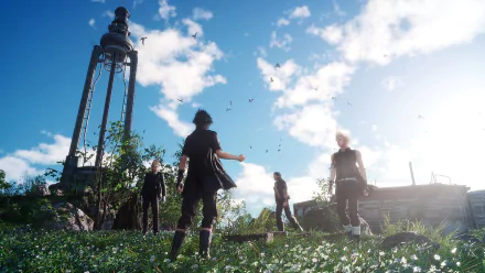 HD desktop wallpaper and background featuring characters from the video game Final Fantasy XV, standing in a grassy field with a tower in the background under a bright blue sky.