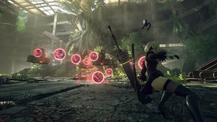 An HD desktop wallpaper from NieR: Automata, featuring a character in a dynamic pose amidst a lush, post-apocalyptic environment with floating orbs and vibrant greenery.