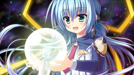 Yumemi Hoshino from Planetarian: The Reverie of a Little Planet holds a glowing orb against a starry, cosmic background in this HD anime desktop wallpaper.