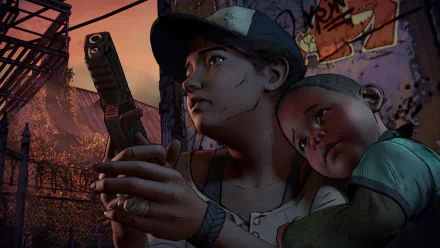 Clementine from The Walking Dead: A New Frontier holds a gun protectively while a child clings to her, set against a backdrop of urban decay and sunset hues.