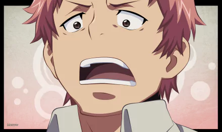 Close-up of Renzo Shima from Blue Exorcist with a shocked expression, anime HD PC desktop wallpaper featuring a soft pink bokeh background.