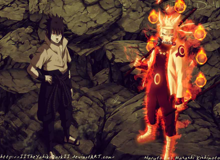 HD desktop wallpaper of Sasuke Uchiha and Naruto Uzumaki from the anime Naruto, featuring Naruto in his Kurama Chakra Mode, standing on rocky terrain.