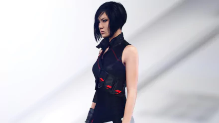 HD PC desktop wallpaper featuring Faith Connors from the video game Mirror's Edge Catalyst, showcasing her in a sleek black outfit with a minimalist light background.