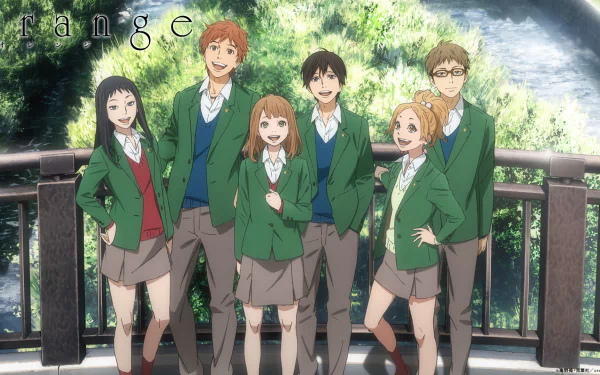 HD desktop wallpaper featuring characters Hiroto Suwa, Azusa Murasaka, Saku Hagita, Takako Chino, Kakeru Naruse, and Naho Takamiya from the anime Orange, standing together on a scenic balcony.