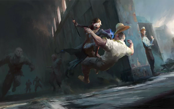 Emily Kaldwin from Dishonored 2 engages in a dramatic combat scene, showcasing dynamic action and immersive graphics typical of HD PC desktop wallpapers.