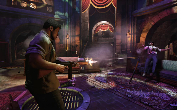 HD PC desktop wallpaper featuring an intense gunfight scene from the video game Mafia III, set in a dimly lit, ornate room.