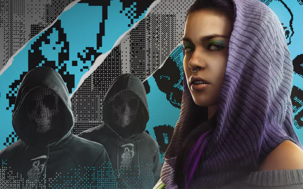 HD wallpaper featuring Sitara Dhawan from the video game Watch Dogs 2, showcasing a striking design with a vibrant color scheme and mysterious hooded figures in the background.
