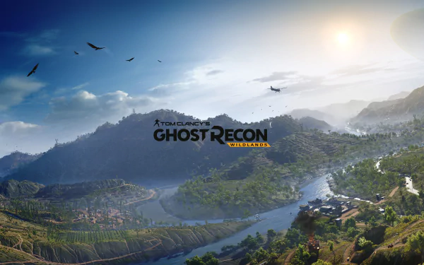 A stunning HD desktop wallpaper from Tom Clancy’s Ghost Recon Wildlands, featuring lush mountains, a winding river, and a bright sky, capturing the essence of the game’s expansive world.