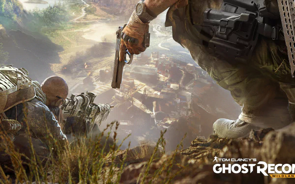 A dynamic scene from Tom Clancy’s Ghost Recon Wildlands, showcasing a tactical moment with a soldier aiming a pistol, set against a vibrant, detailed landscape. 8K Ultra HD quality.