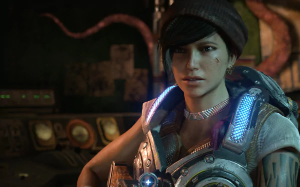 Kait Diaz from Gears of War 4 is featured in a detailed 4K Ultra HD PC desktop wallpaper with a dark, intense background.