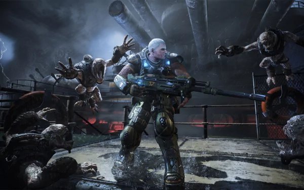 Gears of War 4 4K Ultra HD PC desktop wallpaper/background: armored soldier aims a heavy rifle on a rain-slick industrial platform as monstrous enemies leap toward him beneath a stormy sky.
