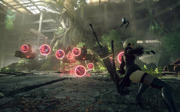 An HD desktop wallpaper from NieR: Automata, featuring a character in a dynamic pose amidst a lush, post-apocalyptic environment with floating orbs and vibrant greenery.