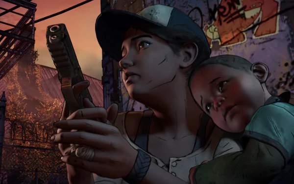 Clementine from The Walking Dead: A New Frontier holds a gun protectively while a child clings to her, set against a backdrop of urban decay and sunset hues.