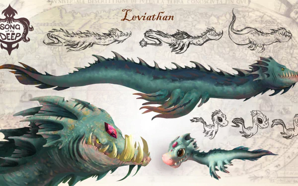 HD wallpaper featuring the leviathan sea monster from Song of the Deep, with sketches and the game's title.