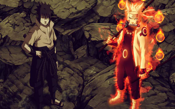HD desktop wallpaper of Sasuke Uchiha and Naruto Uzumaki from the anime Naruto, featuring Naruto in his Kurama Chakra Mode, standing on rocky terrain.