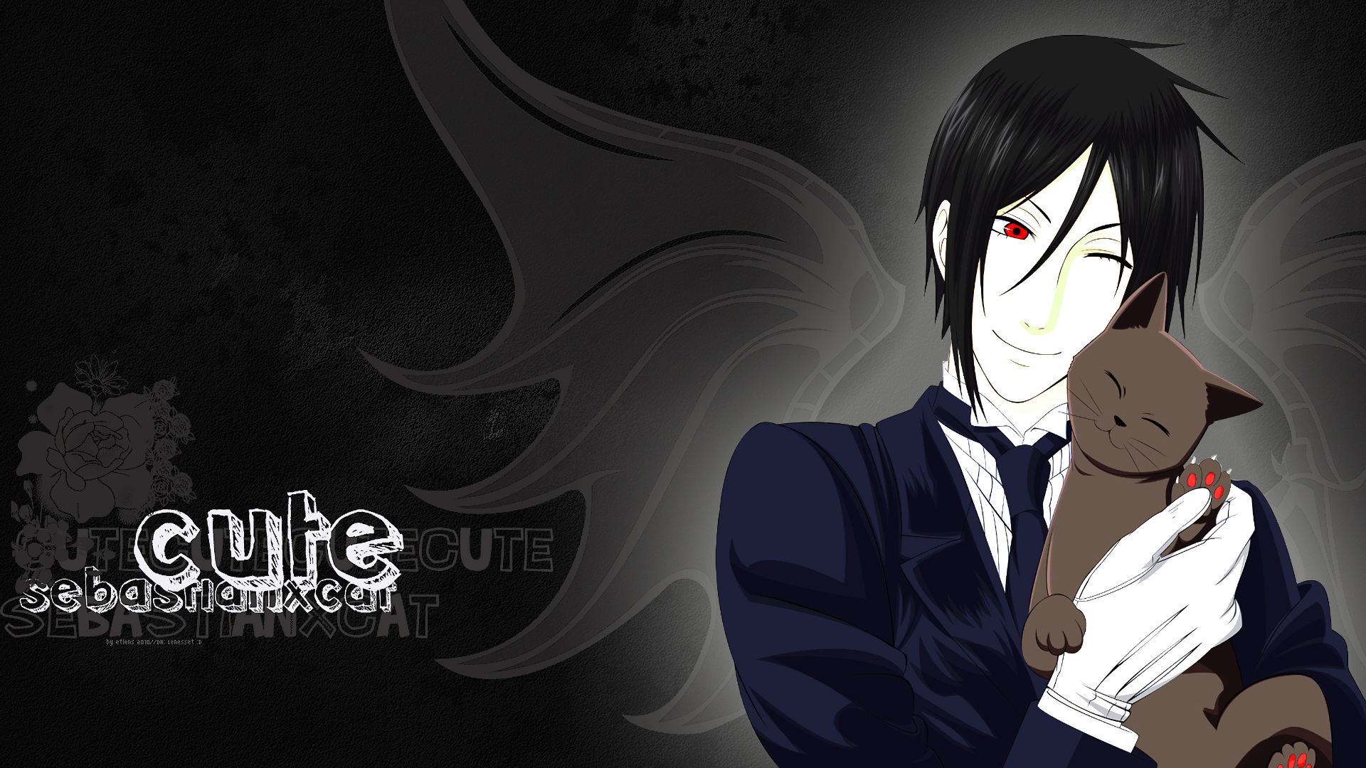 Black Butler anime HD PC wallpaper of a dark-suited, red-eyed butler with shadowed wings, smiling as he gently cradles a brown cat.