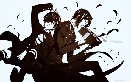 HD anime desktop wallpaper featuring two Black Butler characters in dynamic poses with dark, flowing coats and scattered black feathers.