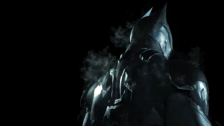 HD PC desktop wallpaper featuring Batman in armored suit from the video game Batman: Arkham Knight, shrouded in shadows and mist.