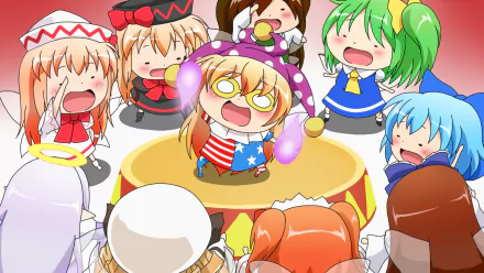HD desktop wallpaper featuring chibi characters from Himouto! Umaru-chan and Touhou, including Zombie Fairy, Sunny Milk, Star Sapphire, Luna Child, Lily Black, Lily White, Daiyousei, Clownpiece, and Cirno, animated in a colorful setting.