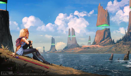 HD anime original desktop wallpaper depicting a contemplative character sitting by a futuristic lakeside with towering rock formations under a bright blue sky.