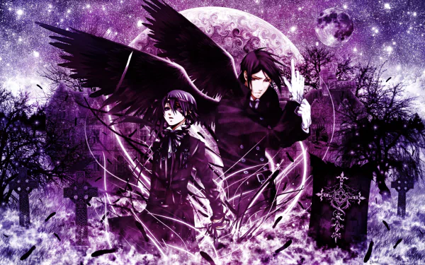 A striking HD wallpaper featuring characters from the anime Black Butler, set against a mystical purple background with dark trees and a glowing moon.