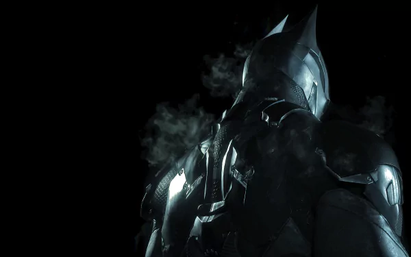 HD PC desktop wallpaper featuring Batman in armored suit from the video game Batman: Arkham Knight, shrouded in shadows and mist.