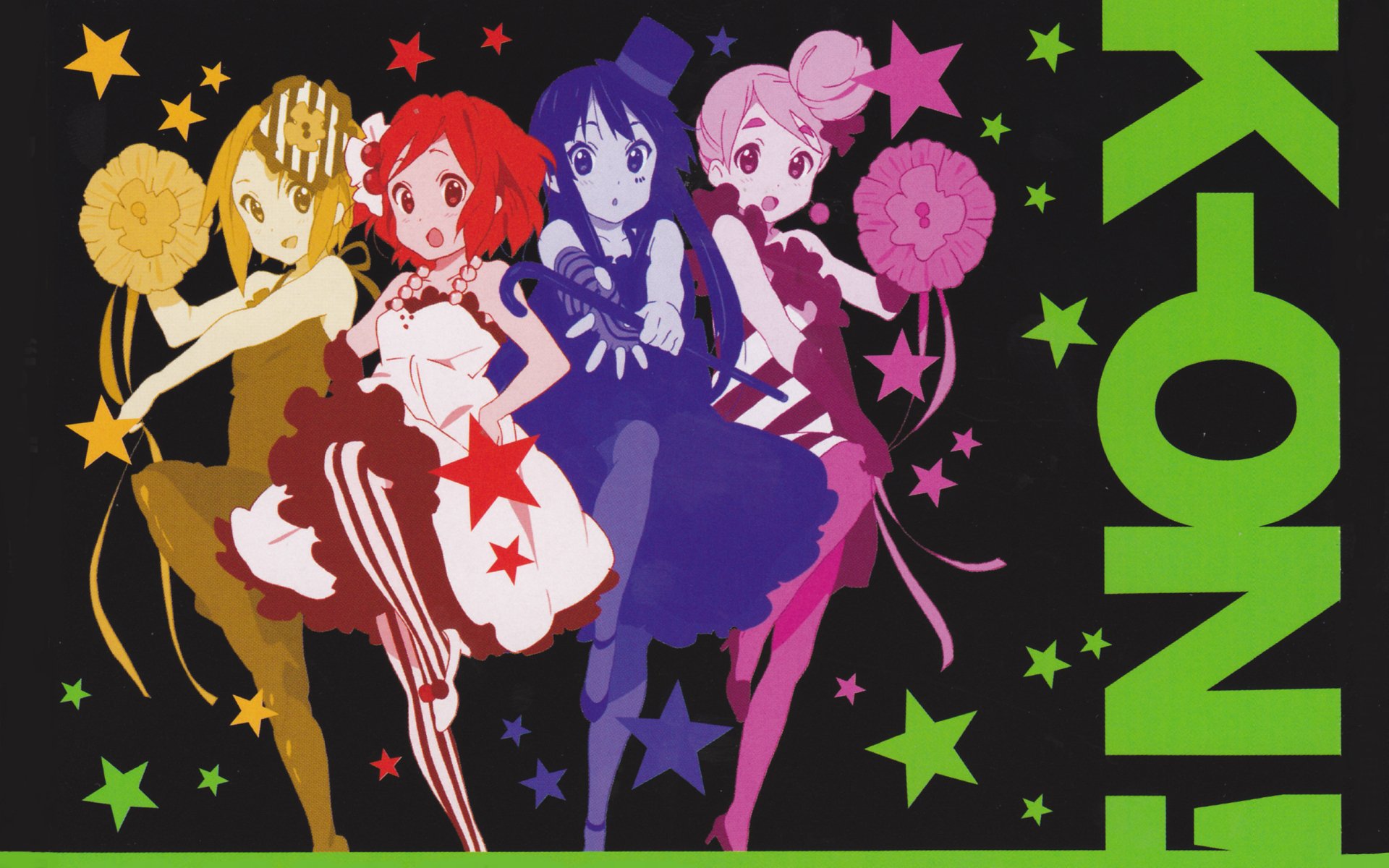 HD anime wallpaper featuring Tsumugi Kotobuki, Yui Hirasawa, Ritsu Tainaka, and Mio Akiyama from K-ON!, with vibrant colors and star accents.