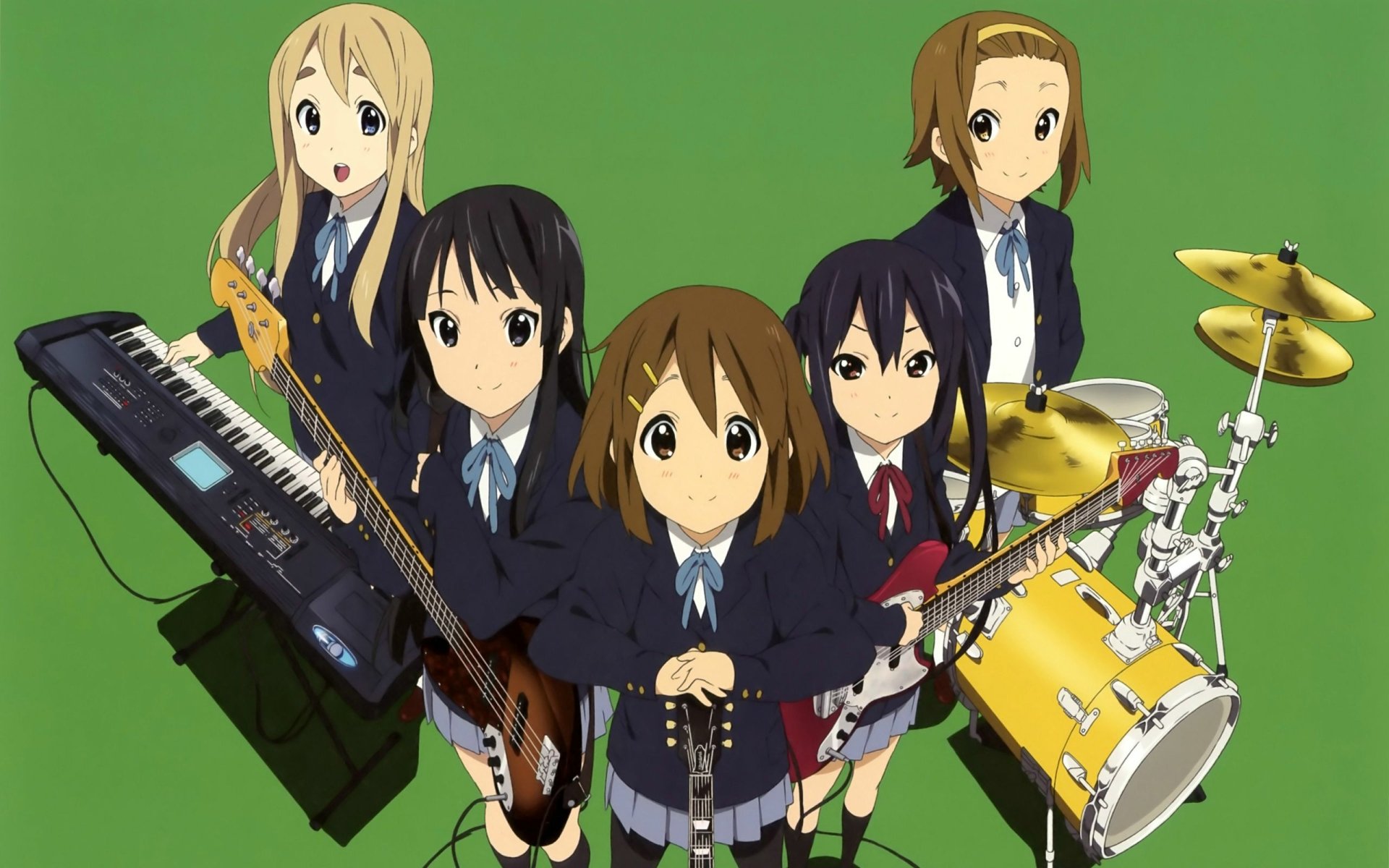 Anime HD wallpaper featuring the K-ON! band members Yui Hirasawa, Tsumugi Kotobuki, Ritsu Tainaka, Azusa Nakano, and Mio Akiyama in school uniforms with instruments.