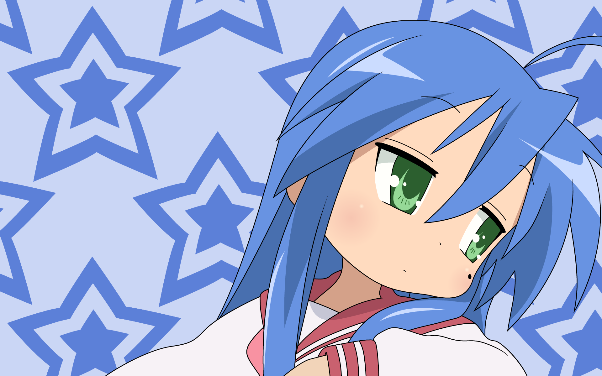 HD PC desktop wallpaper of Konata Izumi (Lucky Star): blue-haired, green-eyed anime girl in a sailor uniform against a star-patterned blue background.