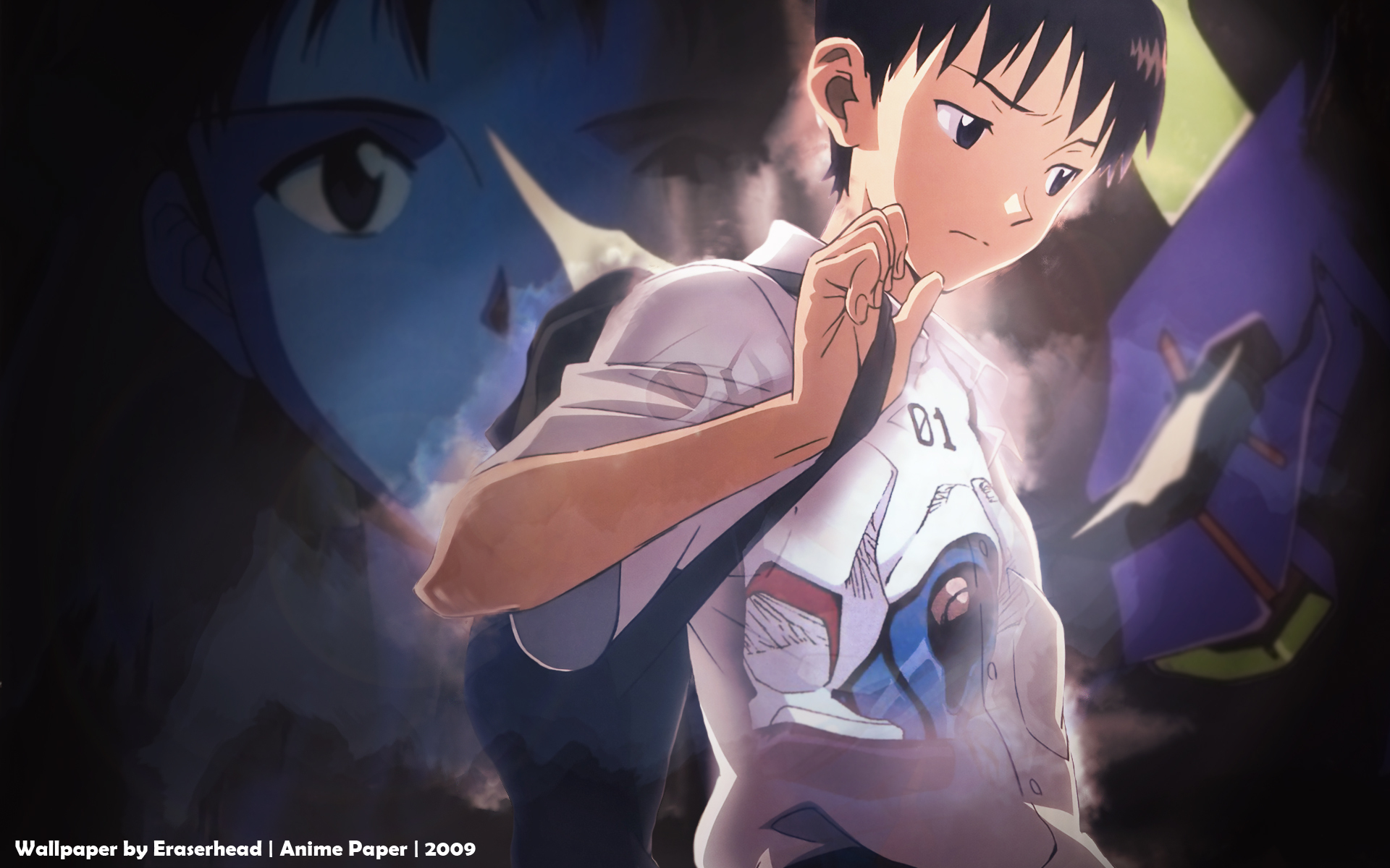 HD PC desktop wallpaper featuring Shinji Ikari from the anime Neon Genesis Evangelion, with a dramatic, atmospheric background highlighting the series' iconic themes.