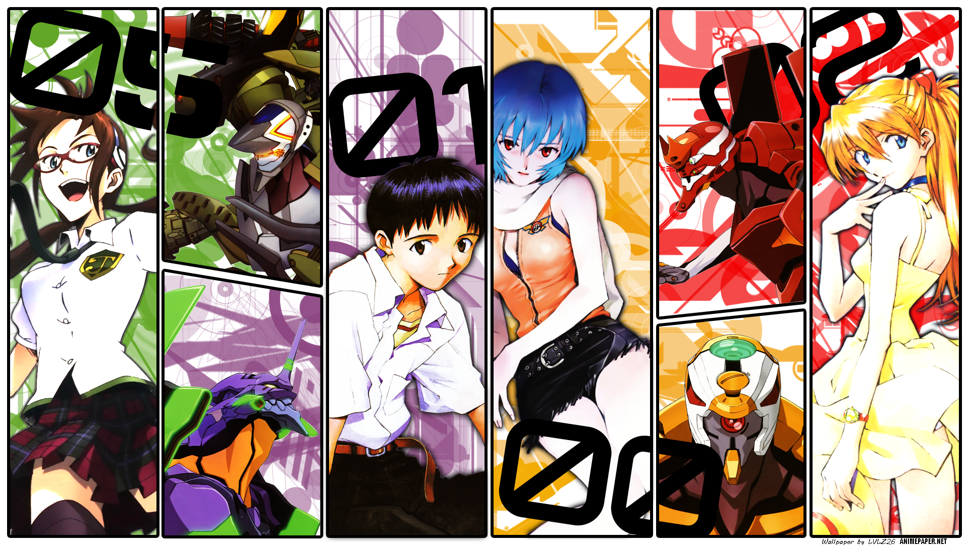 HD PC desktop wallpaper featuring vibrant character panels from the anime Evangelion: 2.0 You Can (Not) Advance, showcasing key figures in dynamic poses.