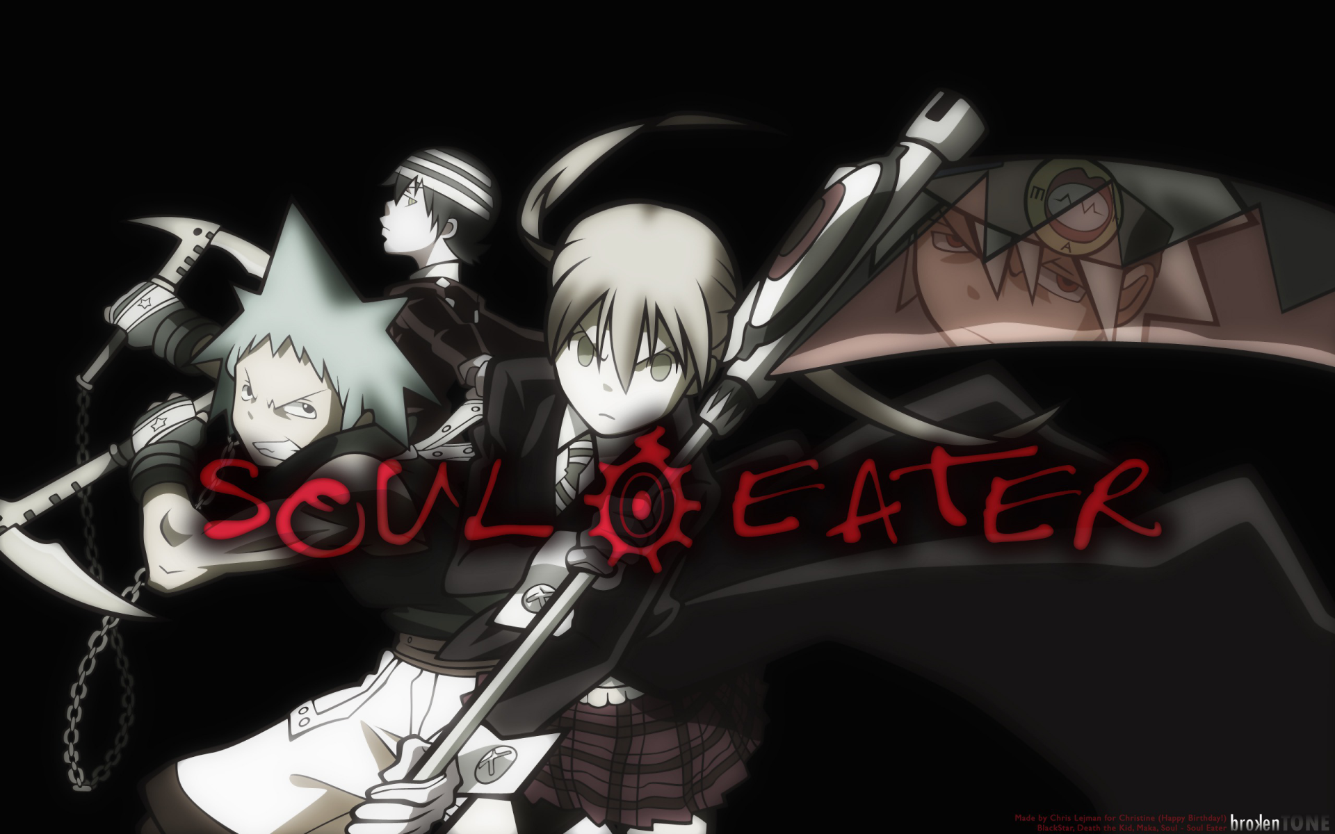 Soul Eater anime 2K Quad HD PC desktop wallpaper/background: monochrome Maka, Soul and Black☆Star posed with a scythe, bold red Soul Eater logo across the center.