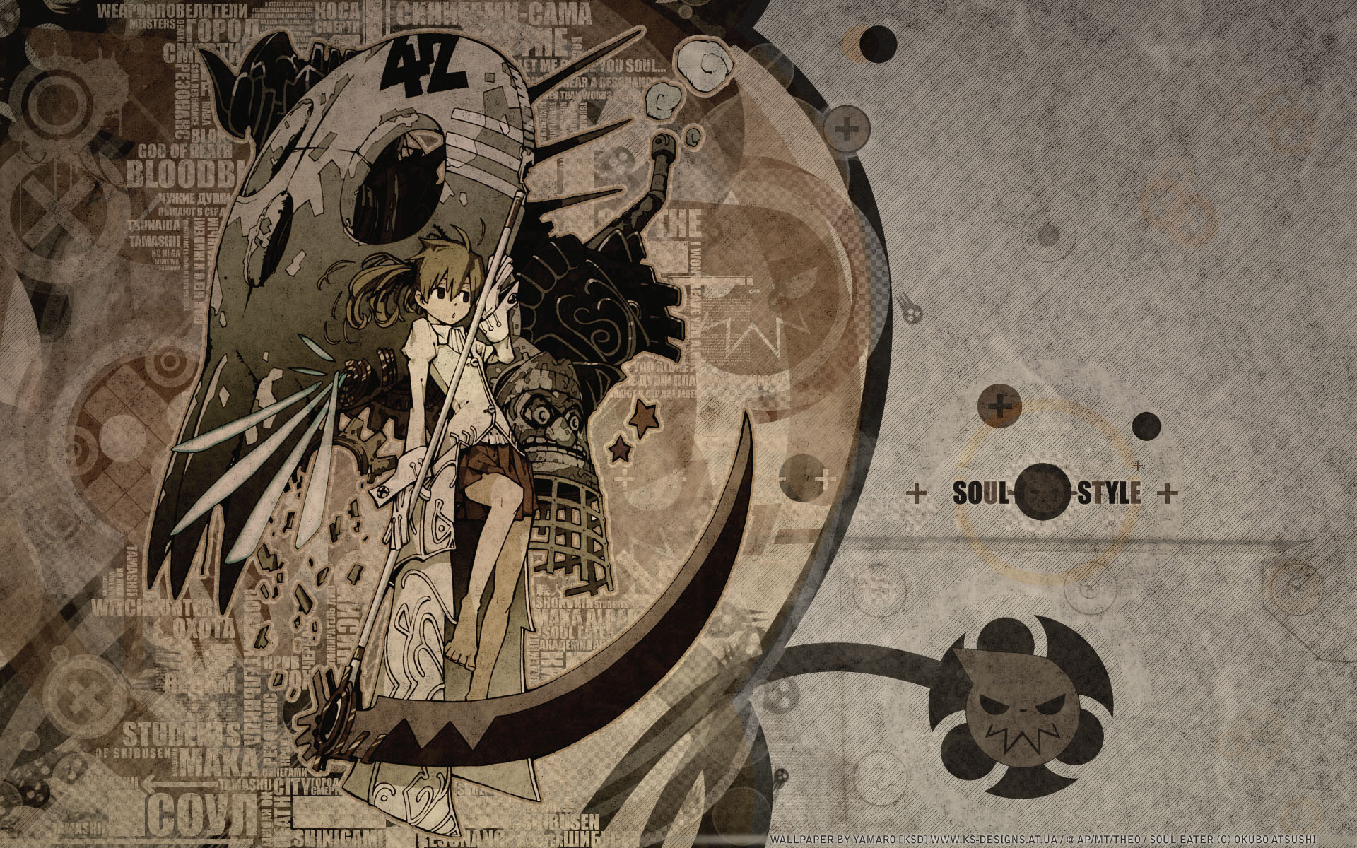 HD PC desktop wallpaper featuring an anime-style illustration from Soul Eater, showcasing a character and stylized elements in a sepia-toned, grunge aesthetic.