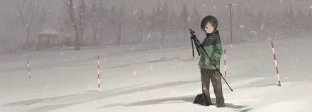 HD PC desktop wallpaper: Honoka Kurosaki (Yama no Susume) stands in falling snow, holding a tripod and bag on a quiet snowy roadside, anime-style background.