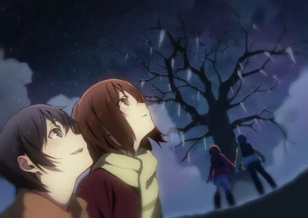 A serene scene from the anime Erased, featuring Satoru Fujinuma and Kayo Hinazuki gazing up at a dark sky, with a looming tree silhouetted in the background.