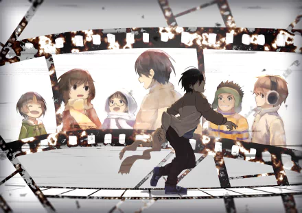A dynamic HD wallpaper featuring characters Hiromi Sugita, Osamu, Kayo Hinazuki, Kenya Kobayashi, Kazu, and Satoru Fujinuma from the anime ERASED, set against a film reel backdrop.