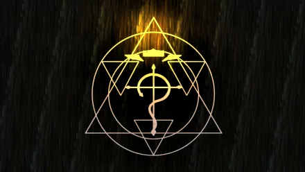 A striking HD desktop wallpaper featuring the alchemical symbol from *Fullmetal Alchemist*, radiating a mystical glow against a dark background.