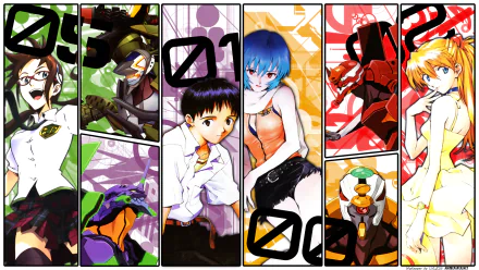 HD PC desktop wallpaper featuring vibrant character panels from the anime Evangelion: 2.0 You Can (Not) Advance, showcasing key figures in dynamic poses.