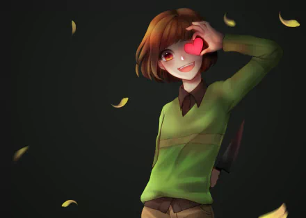 HD desktop wallpaper featuring Chara from the video game Undertale. The character has brown hair, orange eyes, and a smile, holding a heart-shaped object and a knife, with petals floating around.