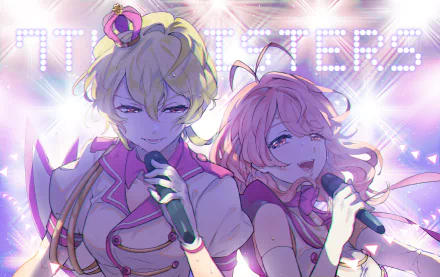 Anime HD PC desktop wallpaper background of two Tokyo 7th Sisters idols, a blond and a pink-haired singer, holding microphones on a glittering, spotlighted stage.